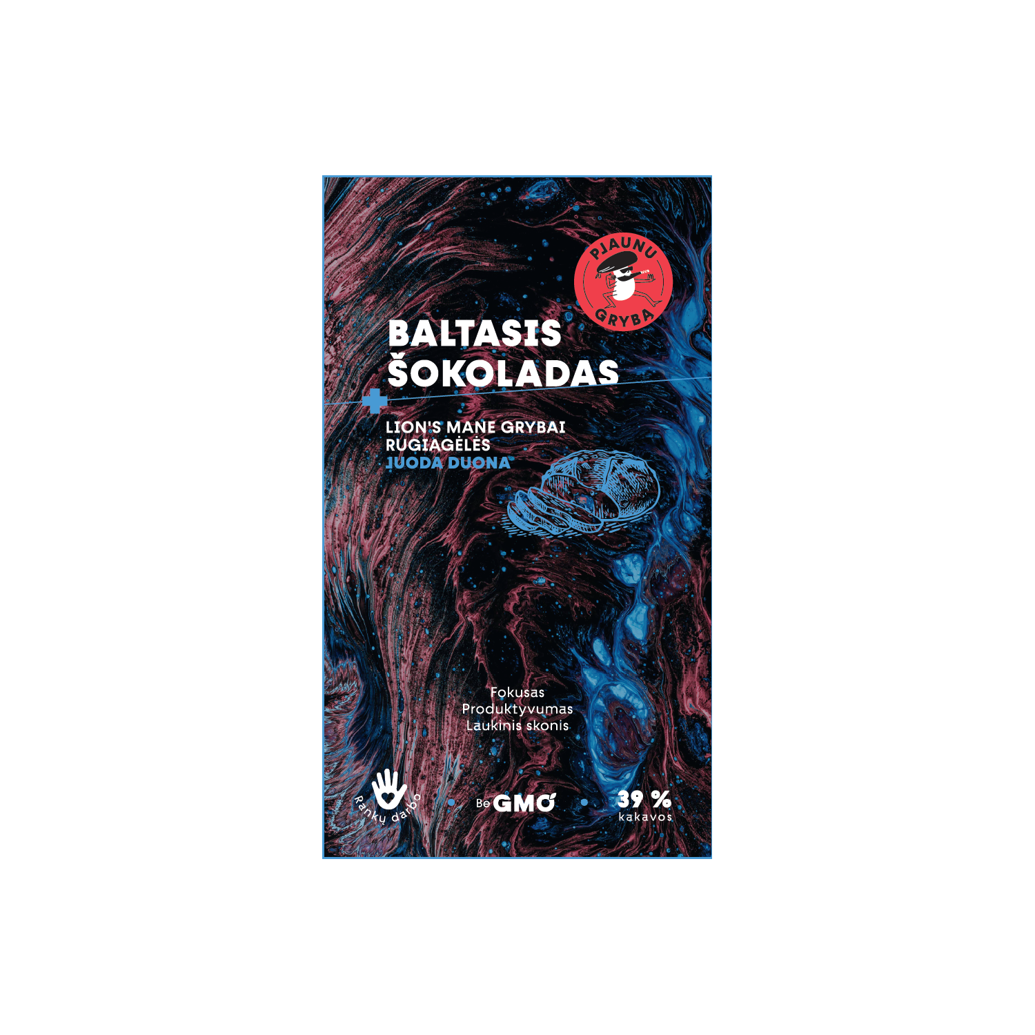 Baltā šokolāde ar Lion's Mane sēnēm, rudzupuķēm un rupjmaizi.